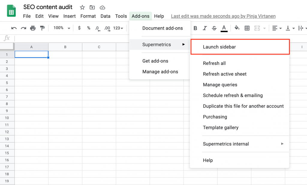 Launch Supermetrics sidebar