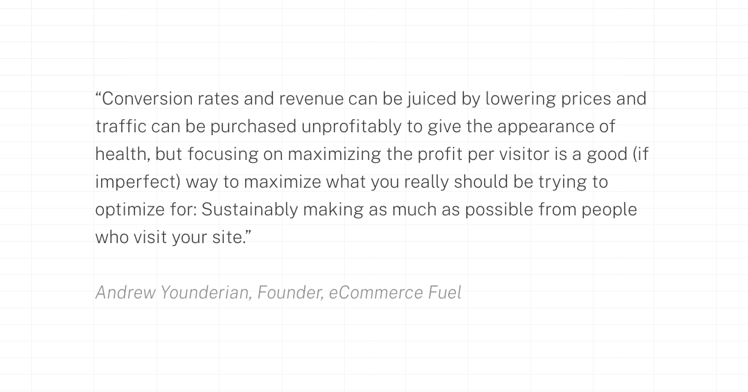“Conversion rates and revenue can be juiced by lowering prices and traffic can be purchased unprofitably to give the appearance of health, but focusing on maximizing the profit per visitor is a good (if imperfect) way to maximize what you really should be trying to optimize for: Sustainably making as much as possible from people who visit your site."