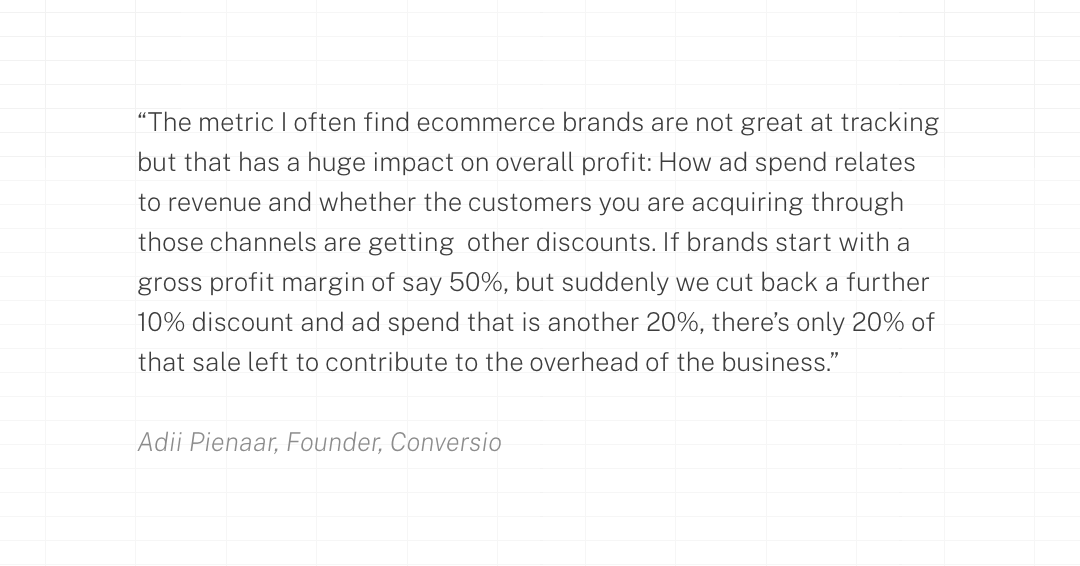 The metric I often find ecommerce brands are not great at tracking but that has a huge impact on overall profit: How ad spend relates to revenue and whether the customers you are acquiring through those channels are getting other discounts. If brands start with a gross profit margin of say 50%, but suddenly we cut back a further 10% discount and ad spend that is another 20%, there’s only 20% of that sale left to contribute to the overhead of the business.