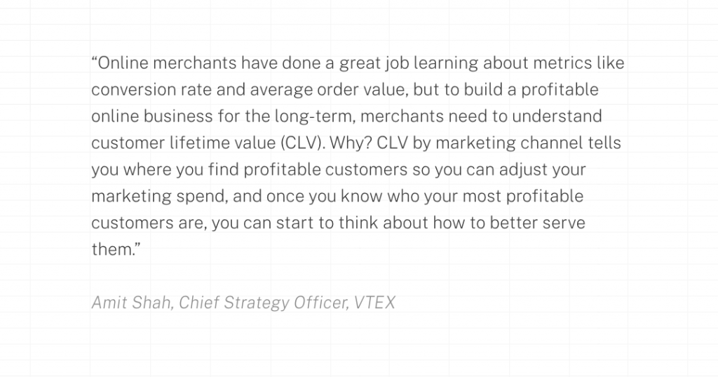 Online merchants have done a great job learning about metrics like conversion rate and average order value, but to build a profitable online business for the long-term, merchants need to understand customer lifetime value (CLV). Why? CLV by marketing channel tells you where you find profitable customers so you can adjust your marketing spend, and once you know who your most profitable customers are, you can start to think about how to better serve them.