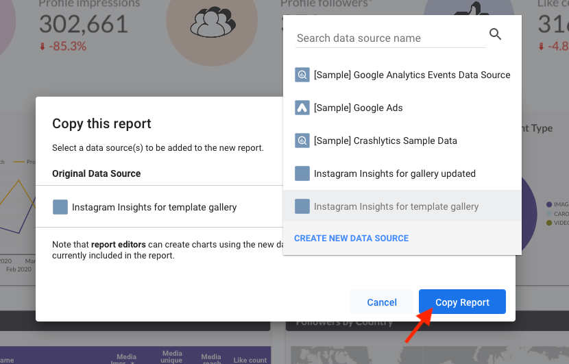 Google Data Studio copy this report window