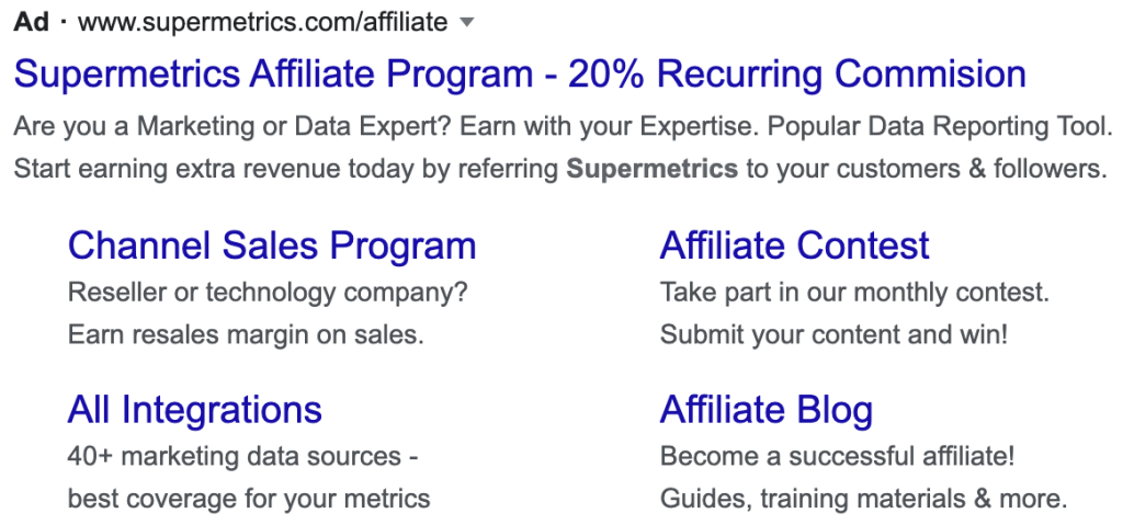 ppc ad of supermetrics affiliate program