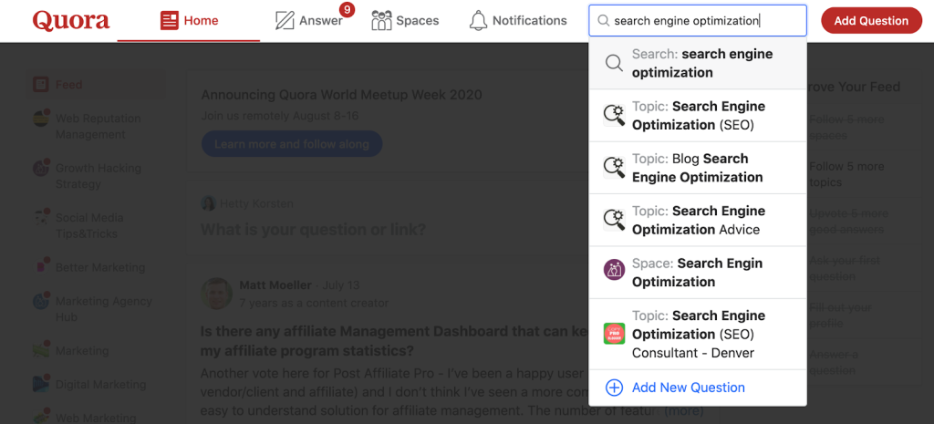 quora topic search about search engine optimization