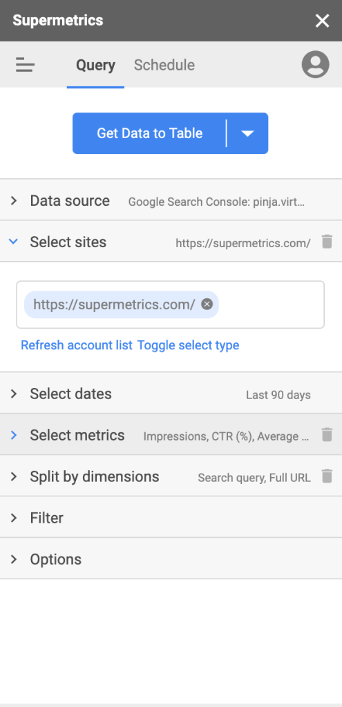 Supermetrics query