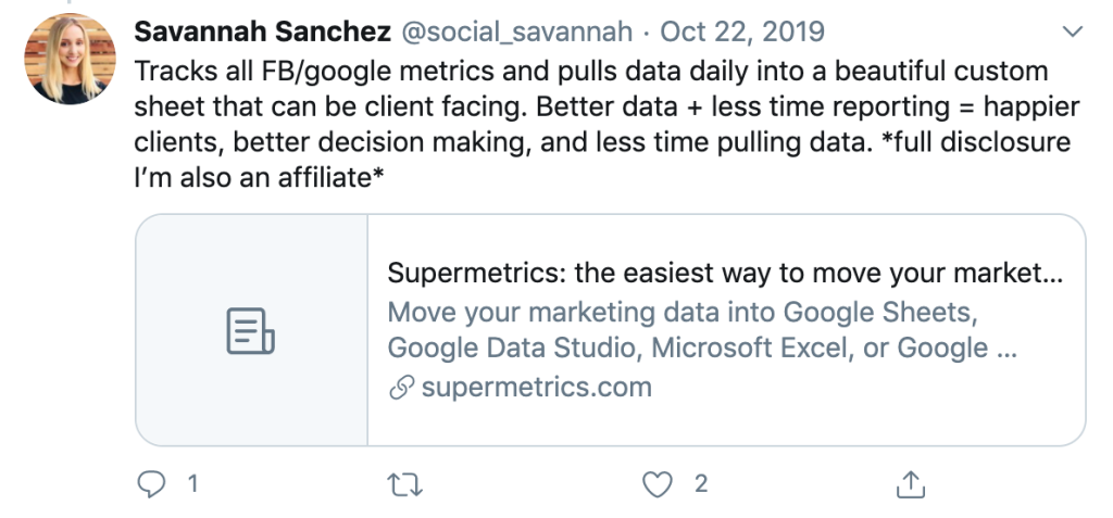 affiliate promotion example on twitter by savannah sanhez