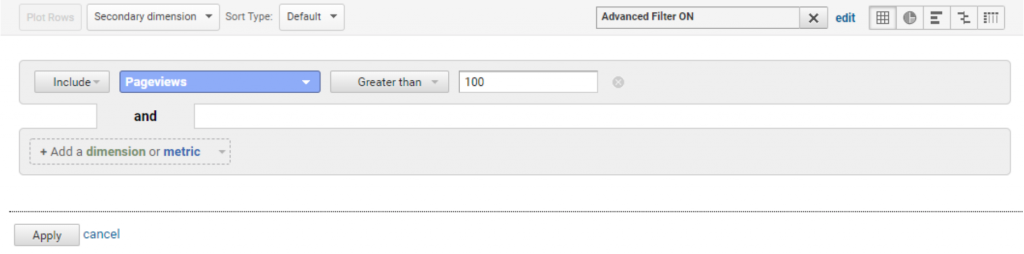 Filter landing pages based on pageviews in Google Analytics