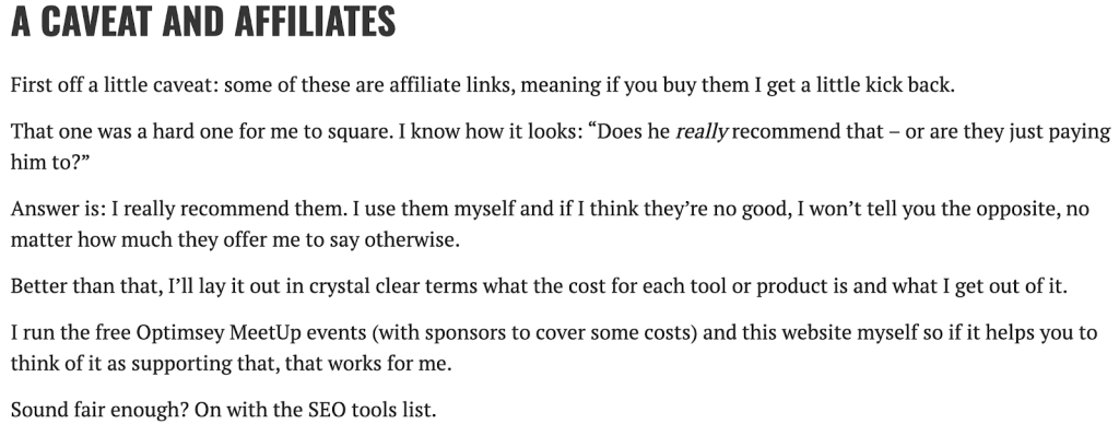 affiliate disclosure example from  optimisey