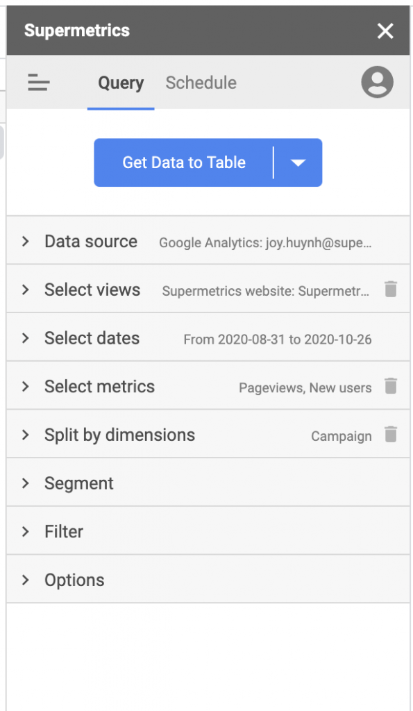 The Supermetrics sidebar