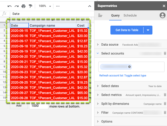 Pull your Facebook cost data into Google Sheets with Supermetrics