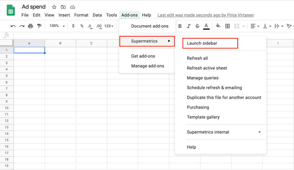 Launch the Supermetrics sidebar in Google Sheets