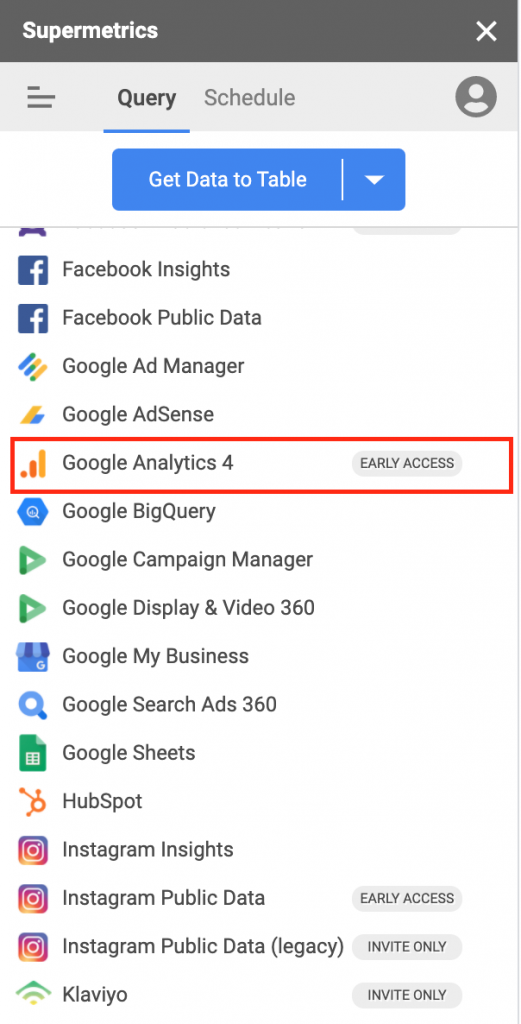 Google Analytics 4 connector to Google Sheets