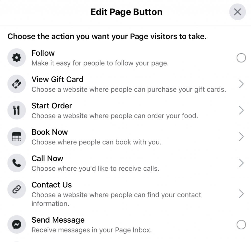 edit window for facebook page cta button
