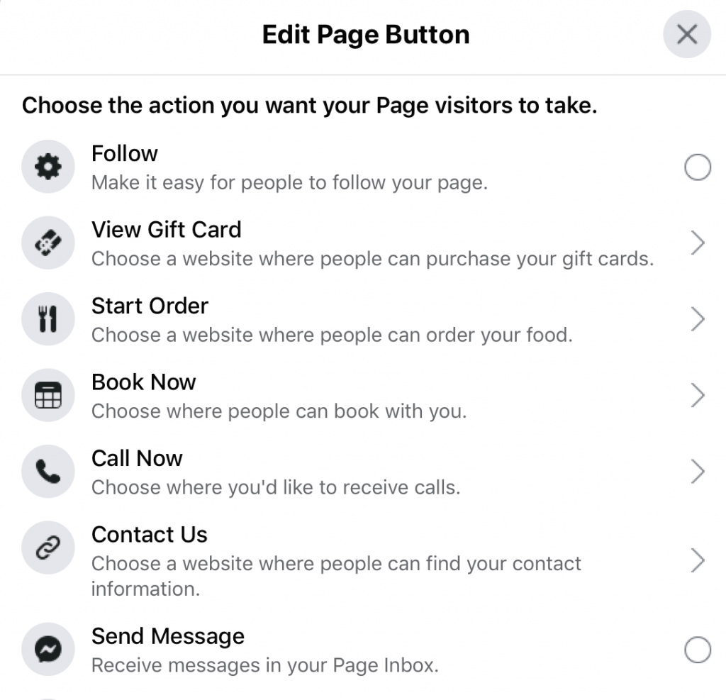 Edit window for facebook page cta button