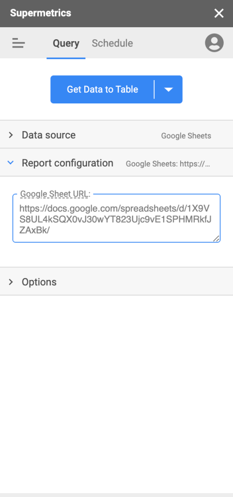 Google Sheets Supermetrics connector instructions. Report configuration