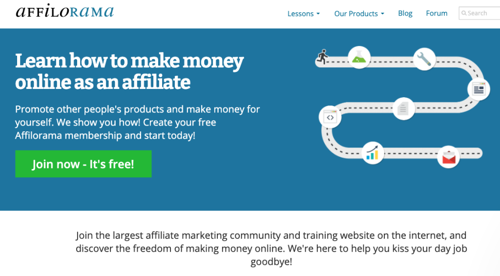 affiliate marketing community affilorama, asking visitors to join and learn how to make money online