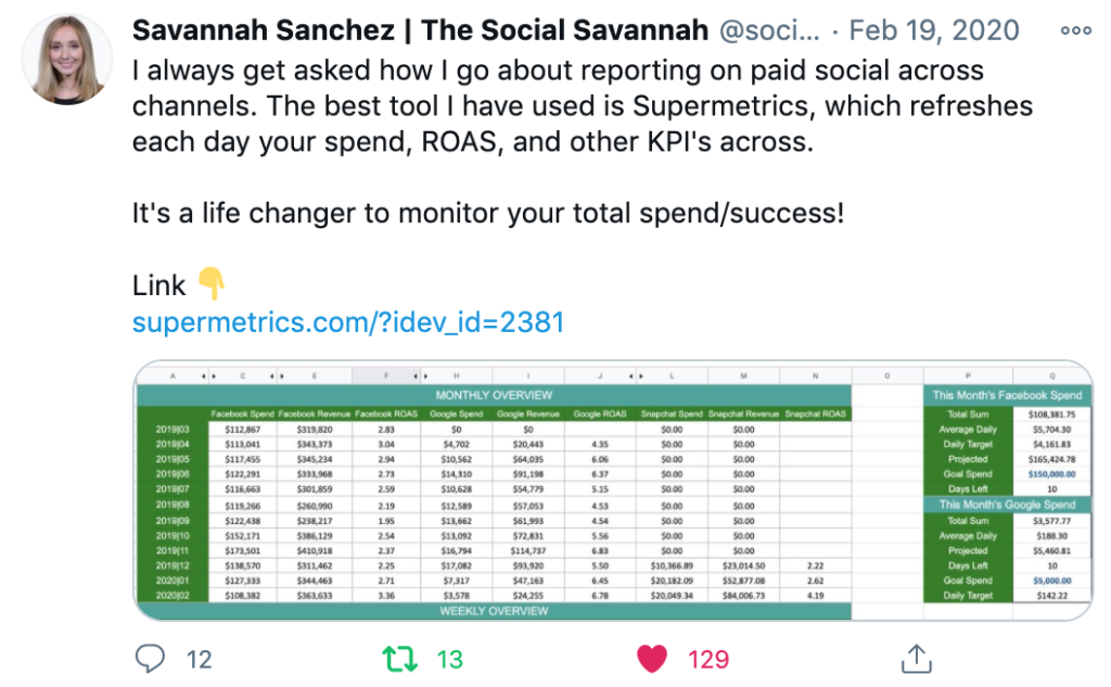twitter post from savannah sanchez about supermetrics, featuring affiliate link