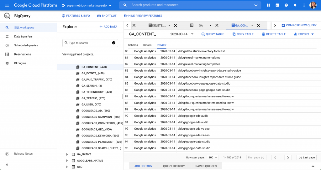 BigQuery data warehouse table