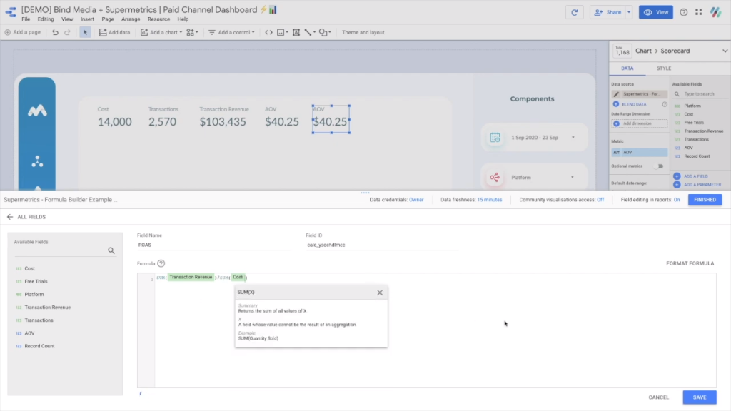 Bind Media and Supermetrics Paid Channel Dashboard Google Data Studio ROAS formula