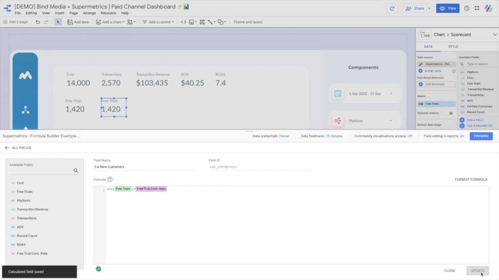 Bind Media and Supermetrics Paid Channel Dashboard Google Data Studio parameter formula