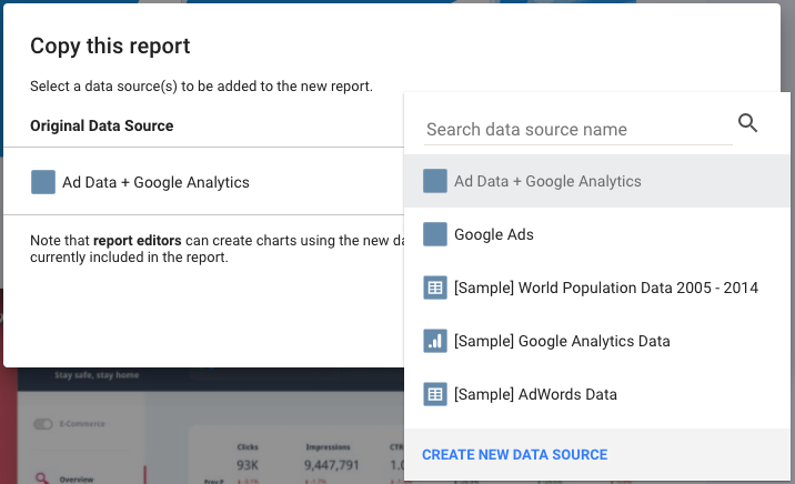 Copy this report, connect data source, Ad data + Google Analytics connector Supermetrics for Data Studio