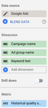 Supermetrics for Data Studio dimension options for Google Ads historical quality score