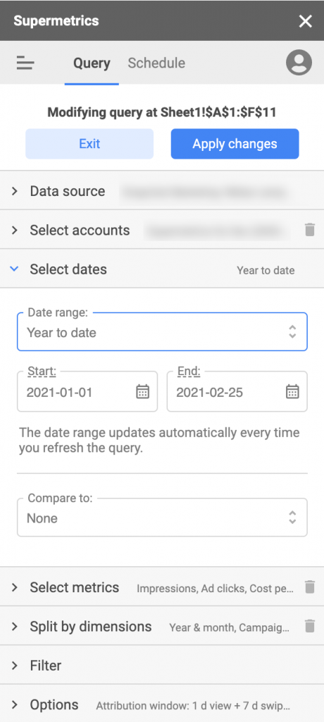 Supermetrics query example