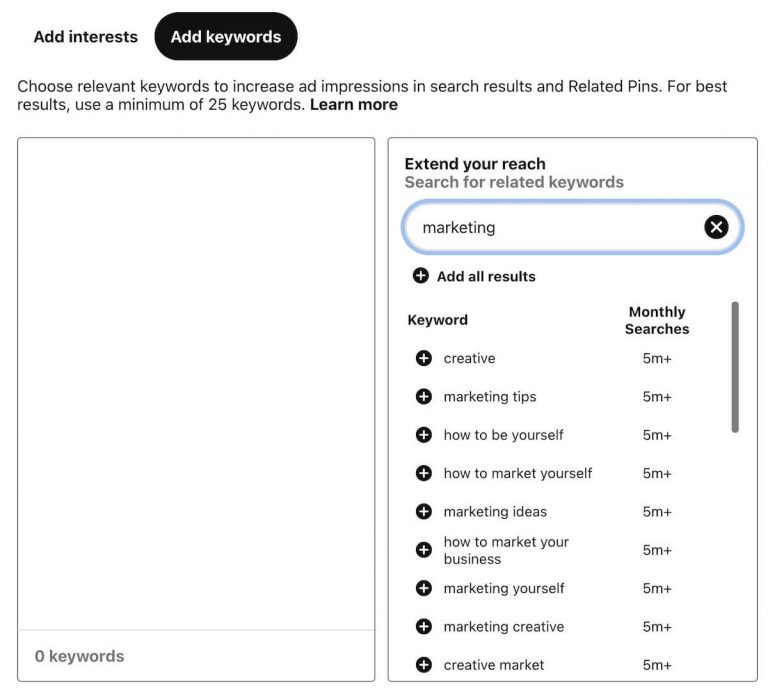 Pinterest add keywords