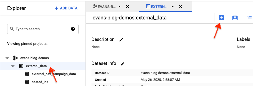 Create a table inside an external dataset in Google BigQuery