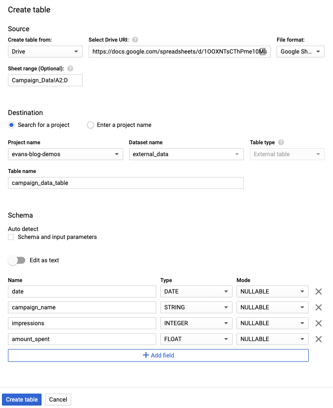 Configure new table in Google BigQuery