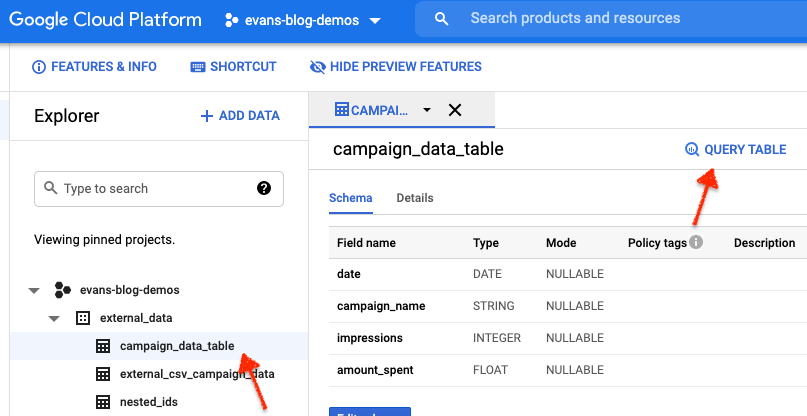How to query an external table in BigQuery