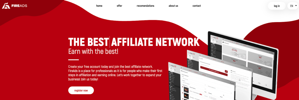 fireads landing page with text about affiliate network and images of computer screens