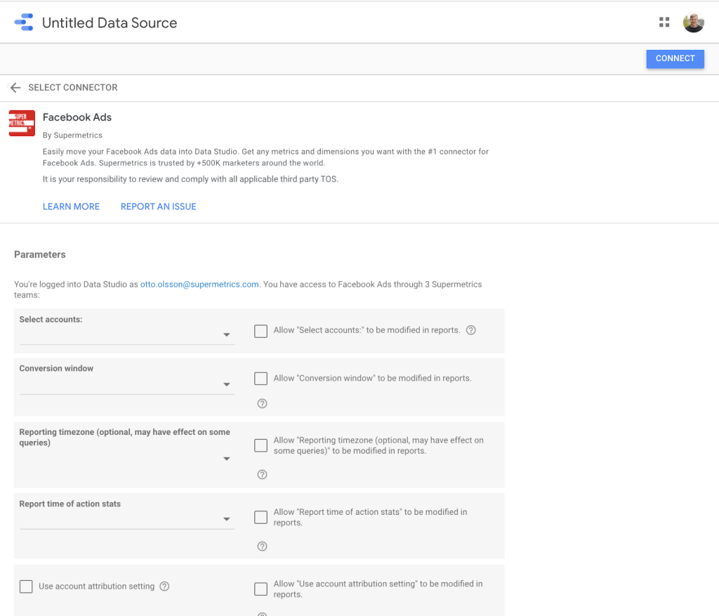 connect data source, facebook ads, to google data studio parameters view