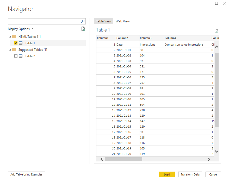 Table view for imported data in Power BI