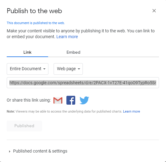 'Publish to the web link' view in Power BI