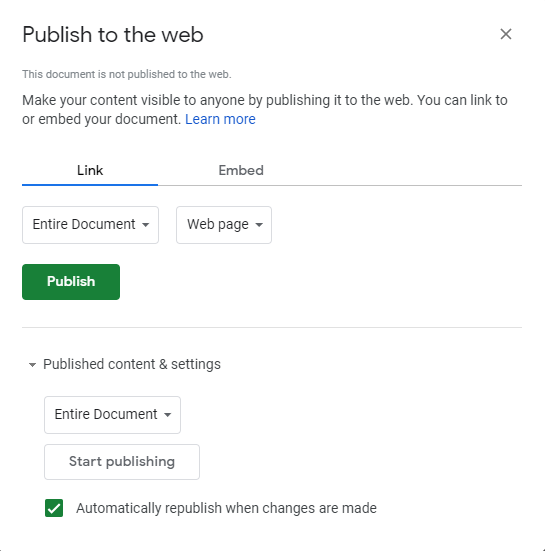'Publish to the web' view in Power BI