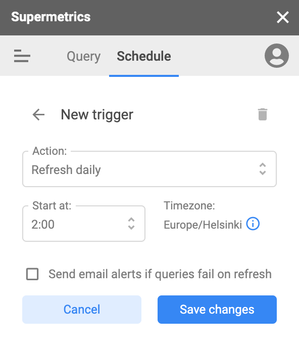 'New trigger' view in Supermetrics for Google Sheets
