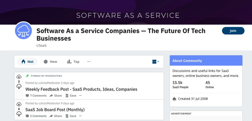 subreddit page of software as a service with saas-related text