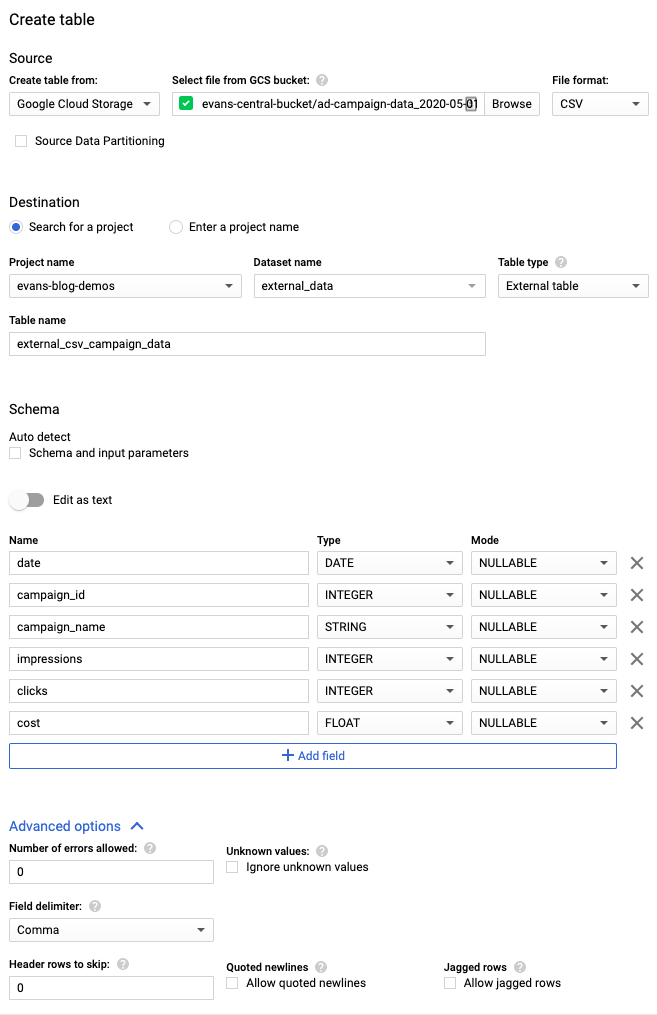 Create a table in Google Cloud Storage