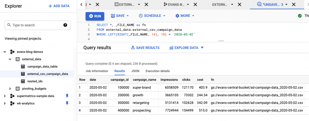 Query results in Google BigQuery