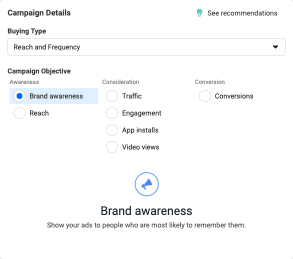 Facebook Ads campaign objectives - brand awareness