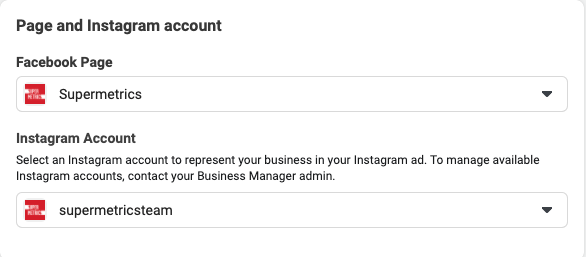 Facebook Ads - page and and instagram account selection