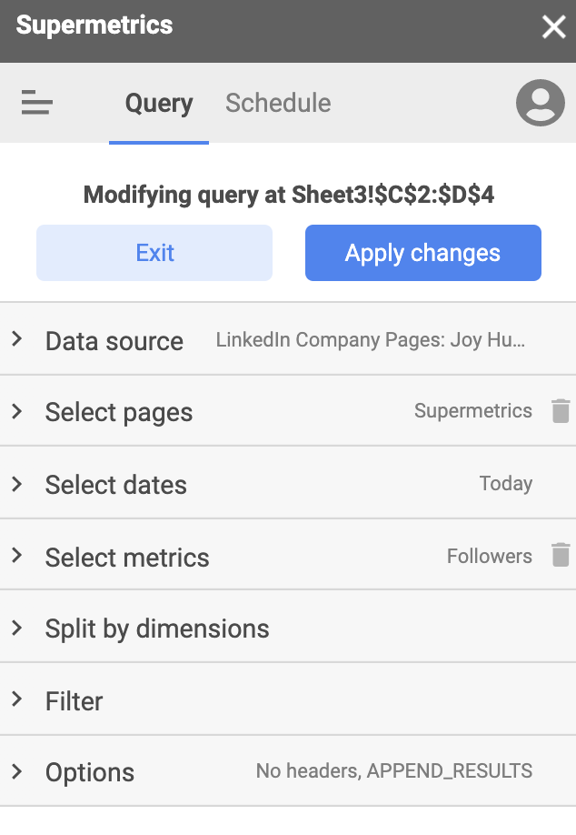 Supermetrics query