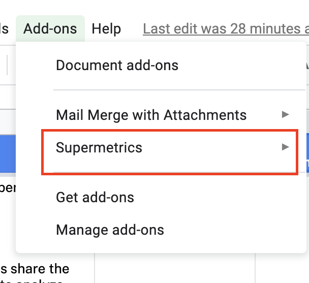 Google Sheets, add-ons, Supermetrics, drop-down menu