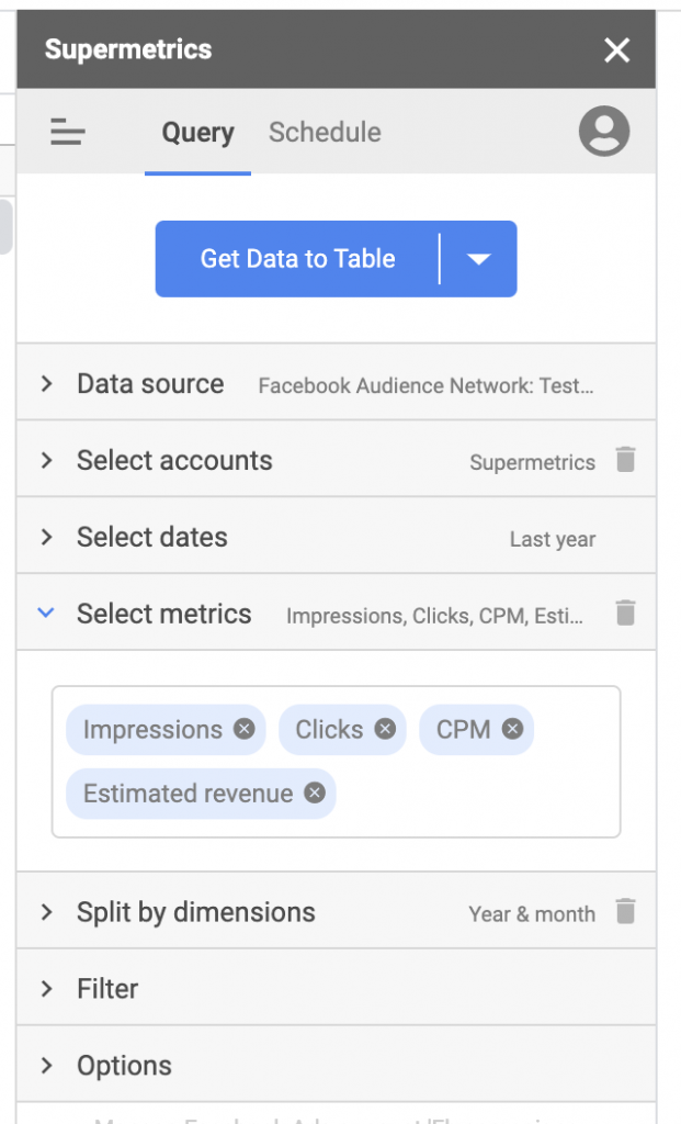 Import Facebook Audience Network data to Google Sheets, sidebar