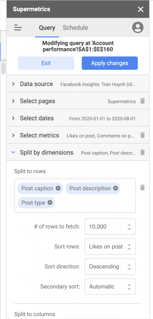 Import Facebook Page data to Google Sheets, sidebar