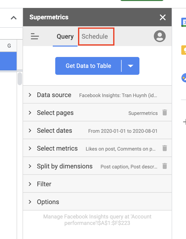Supermetrics for Google Sheets sidebar query settings