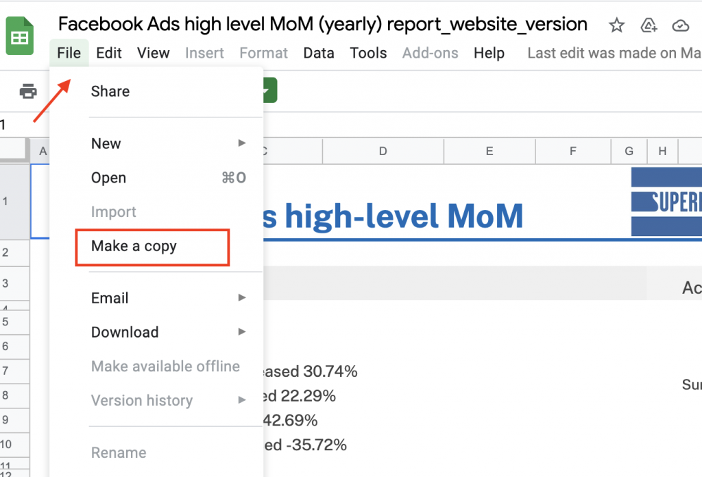 Google Sheets Facebook Ads template copy drop-down menu
