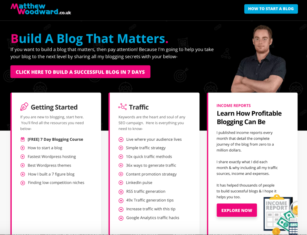headline about building a blog and a link to join the free course next to an image of matthew woodward on his website