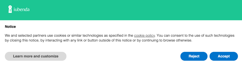 notice text about cookie policy on iubenda's website