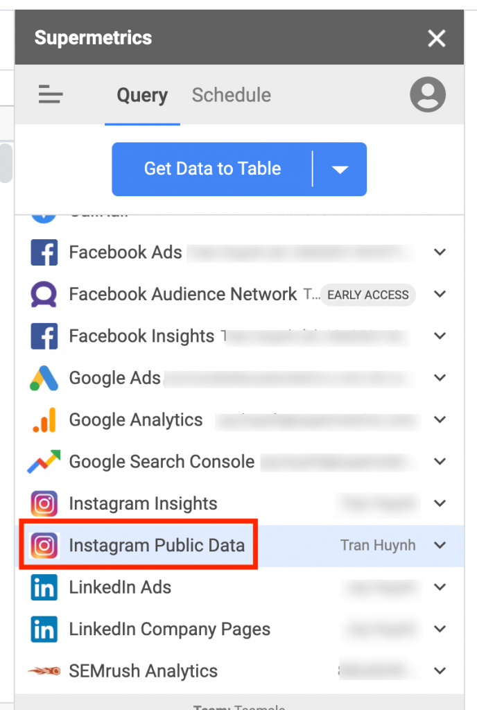 Supermetrics for Google Sheets data source selection view in sidebar Instagram Public Data connector